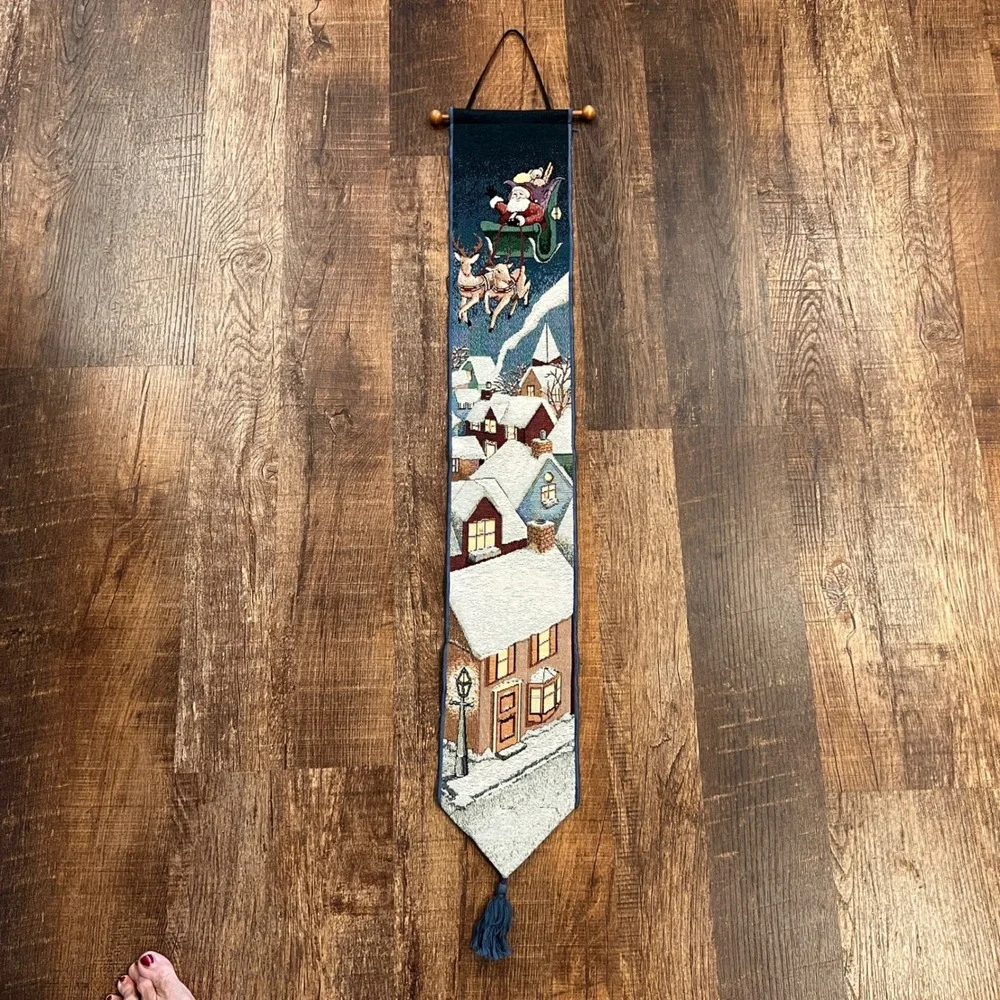 Vintage Christmas Santa Sleigh Woven Tapestry Wall Hanging Bell Pull Tassel Blue